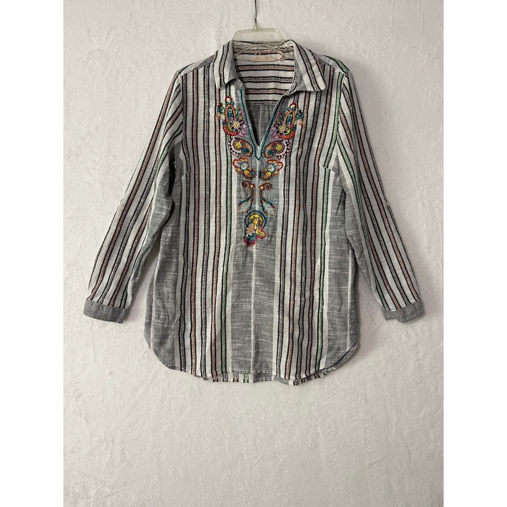 Soft Surroundings Womens Small Striped Embroidered Cotton Tunic Top Grey